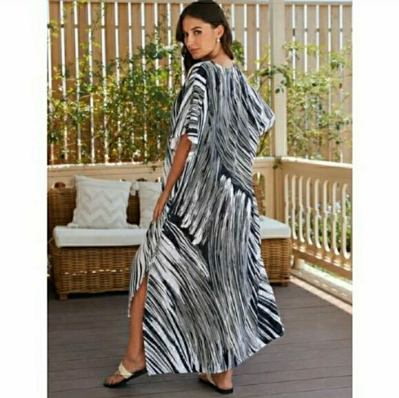 Kaftan Dress Swimsuit Coverup Maxi Black White Abstract Lounge XL 🤍 NEW - Picture 4 of 8